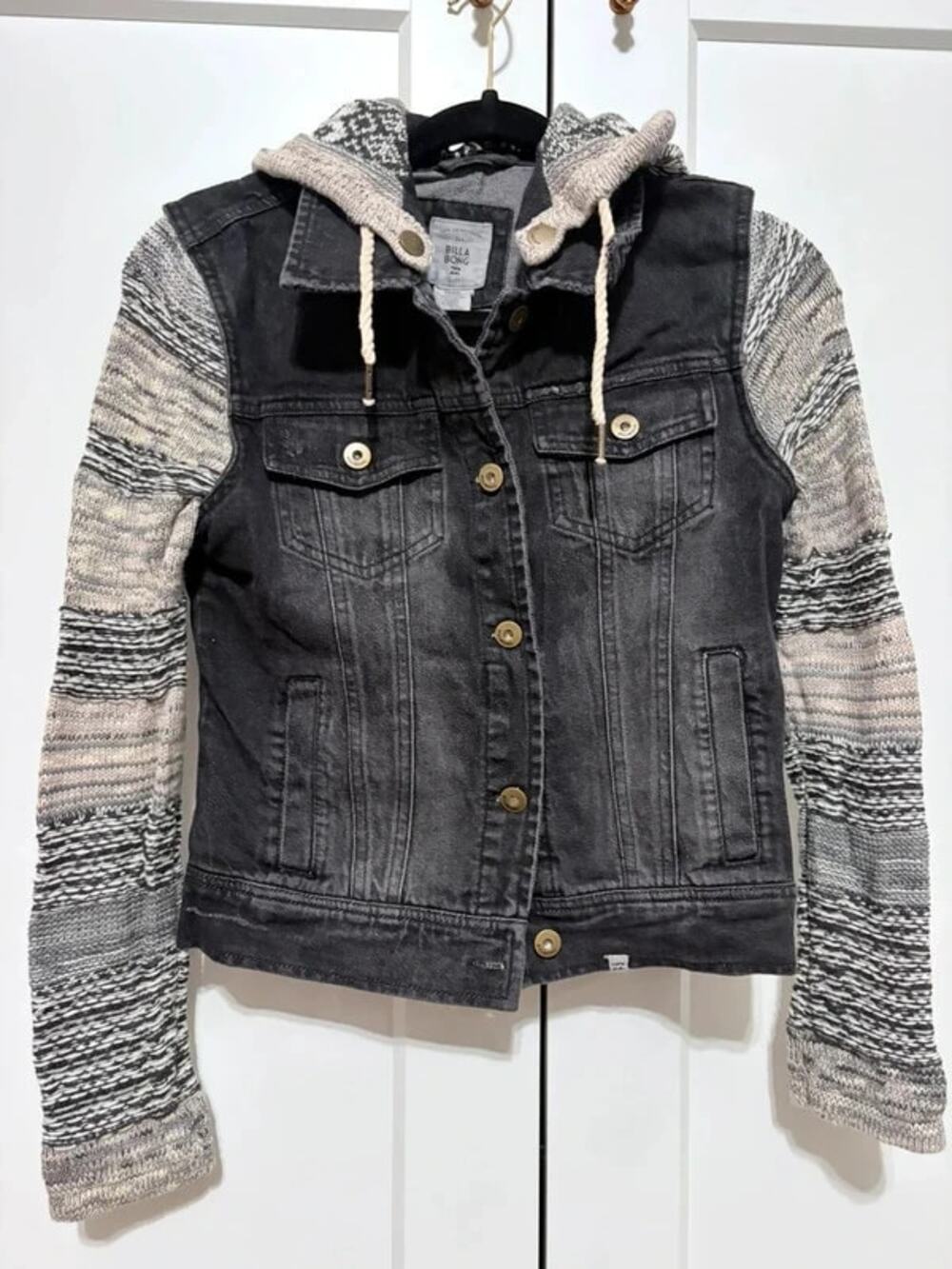 Boho Grunge Billabong Black Denim Jean Jacket Hoodie with Knit Sleeves Size S